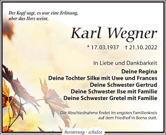 Traueranzeige von Karl Wegner von Leipziger Volkszeitung