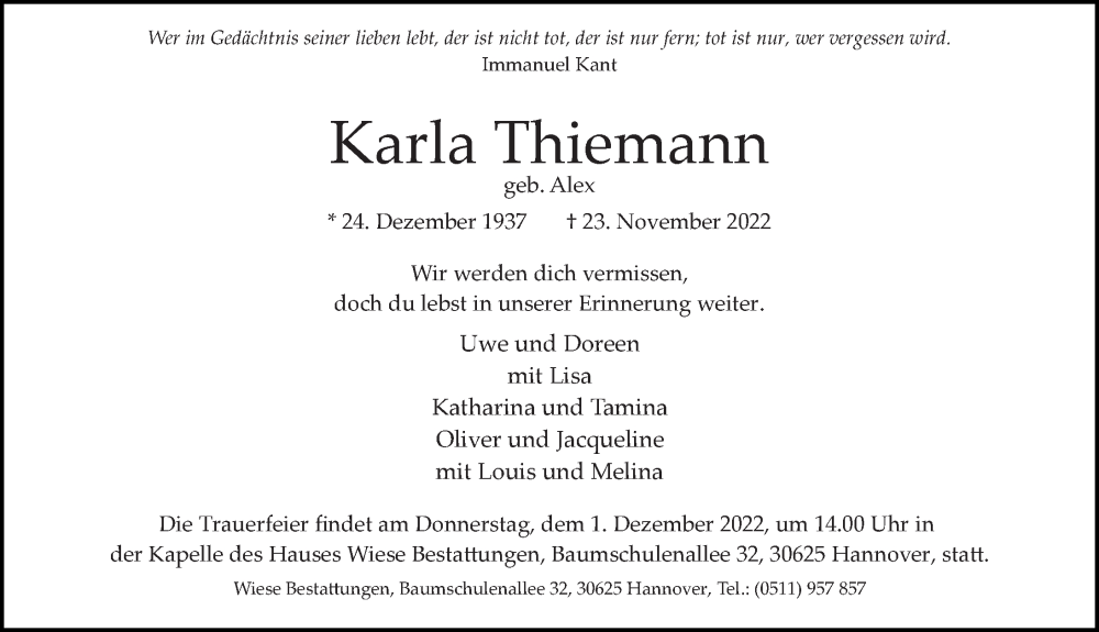  Traueranzeige für Karla Thiemann vom 26.11.2022 aus Hannoversche Allgemeine Zeitung/Neue Presse