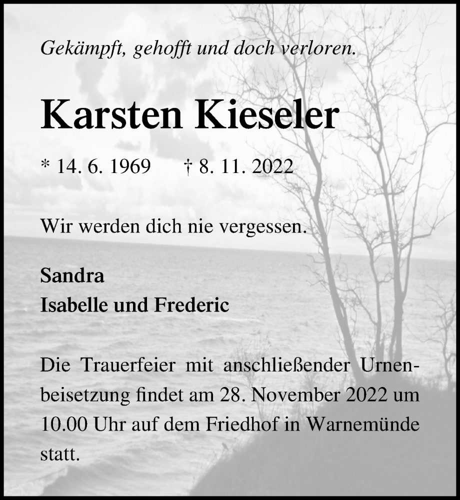  Traueranzeige für Karsten Kieseler vom 12.11.2022 aus Ostsee-Zeitung GmbH