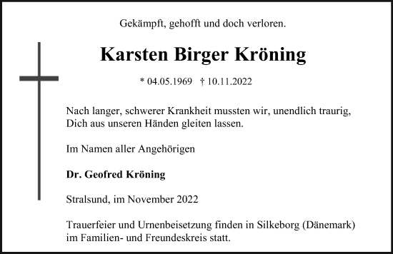 Traueranzeige von Karsten Birger Kröning von Ostsee-Zeitung GmbH