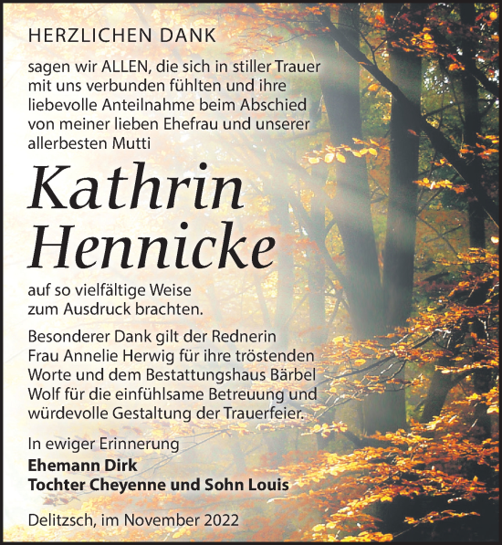 Traueranzeige von Kathrin Hennicke von Leipziger Volkszeitung