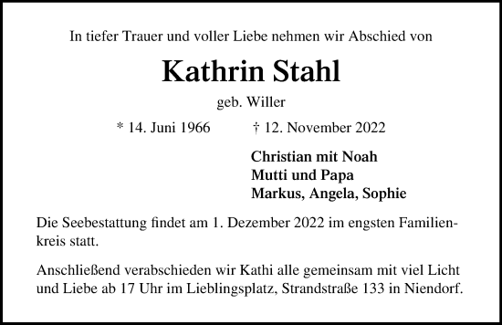 Traueranzeige von Kathrin Stahl von Lübecker Nachrichten