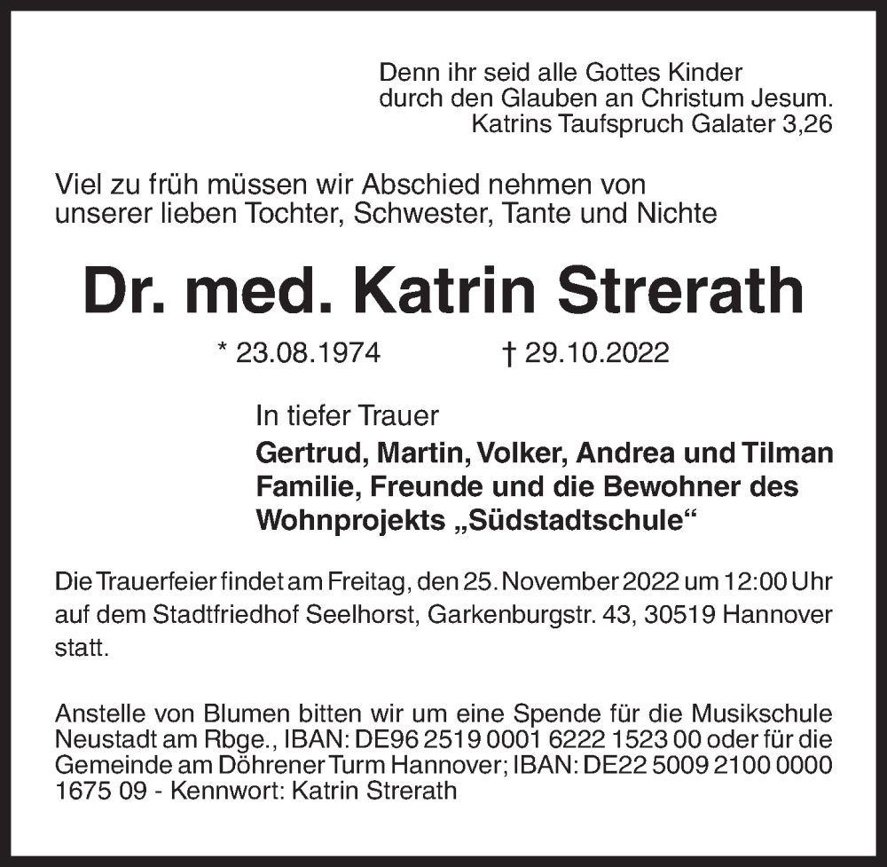  Traueranzeige für Katrin Strerath vom 19.11.2022 aus Hannoversche Allgemeine Zeitung/Neue Presse