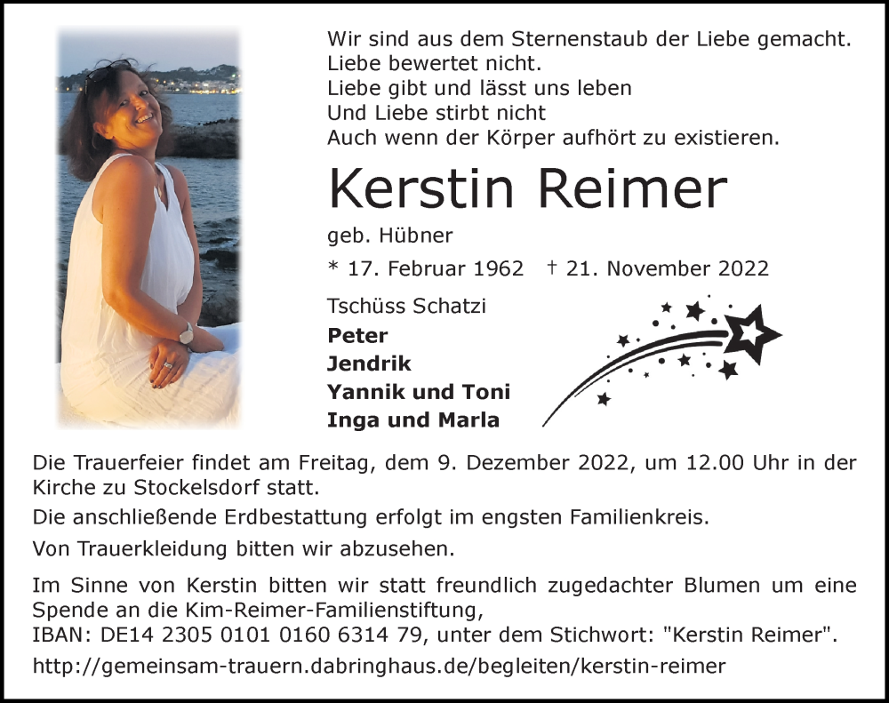  Traueranzeige für Kerstin Reimer vom 27.11.2022 aus Lübecker Nachrichten