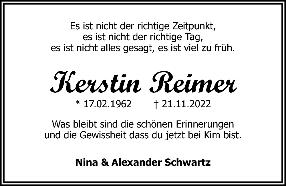  Traueranzeige für Kerstin Reimer vom 27.11.2022 aus Lübecker Nachrichten