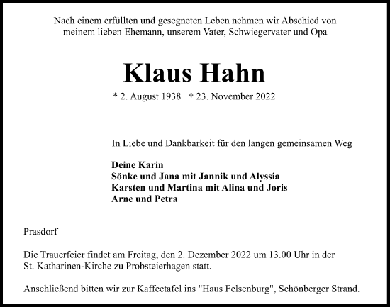 Traueranzeige von Klaus Hahn von Kieler Nachrichten