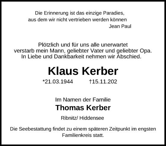 Traueranzeige von Klaus Kerber von Ostsee-Zeitung GmbH