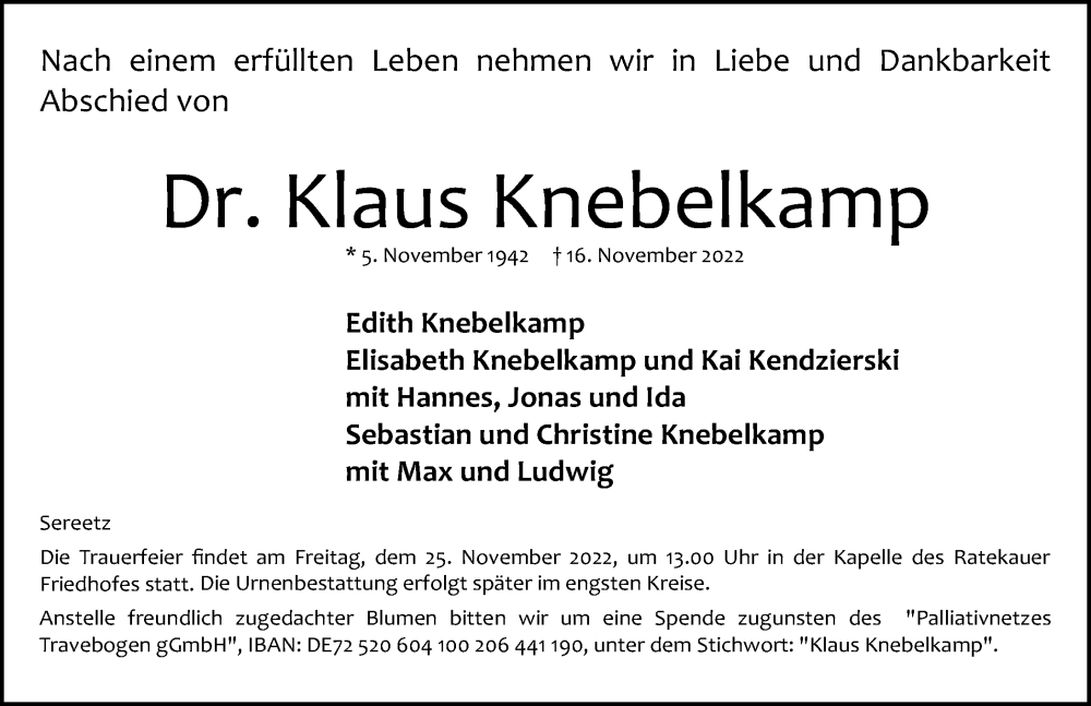  Traueranzeige für Klaus Knebelkamp vom 20.11.2022 aus Lübecker Nachrichten