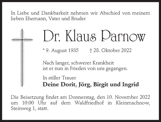 Traueranzeige von Klaus Parnow von Märkischen Allgemeine Zeitung