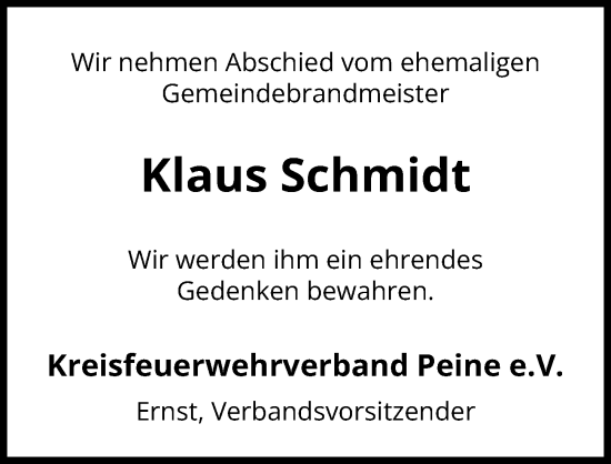 Traueranzeige von Klaus Schmidt von Peiner Allgemeine Zeitung