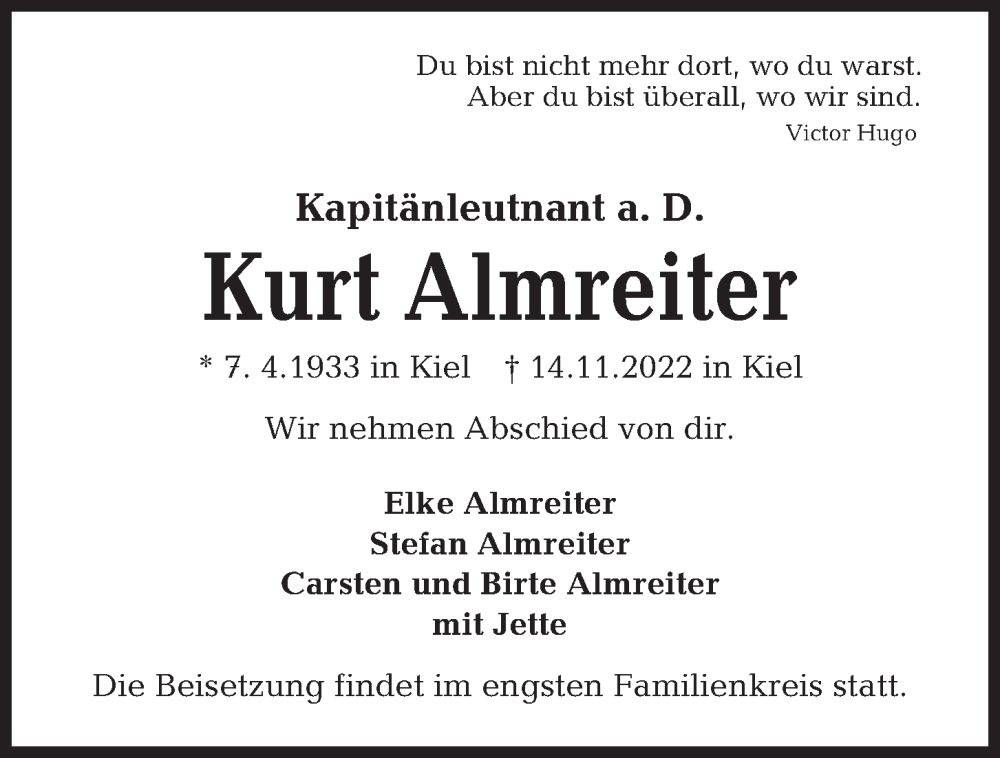 Traueranzeige für Kurt Almreiter vom 19.11.2022 aus Kieler Nachrichten