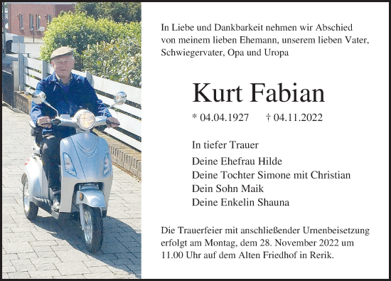 Traueranzeige von Kurt Fabian von Ostsee-Zeitung GmbH