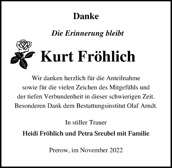 Traueranzeige von Kurt Fröhlich von Ostsee-Zeitung GmbH