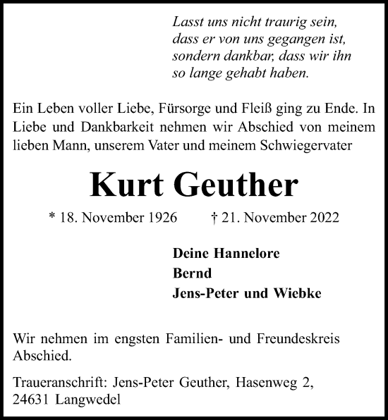 Traueranzeige von Kurt Geuther von Kieler Nachrichten