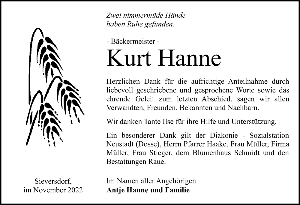  Traueranzeige für Kurt Hanne vom 12.11.2022 aus Märkischen Allgemeine Zeitung