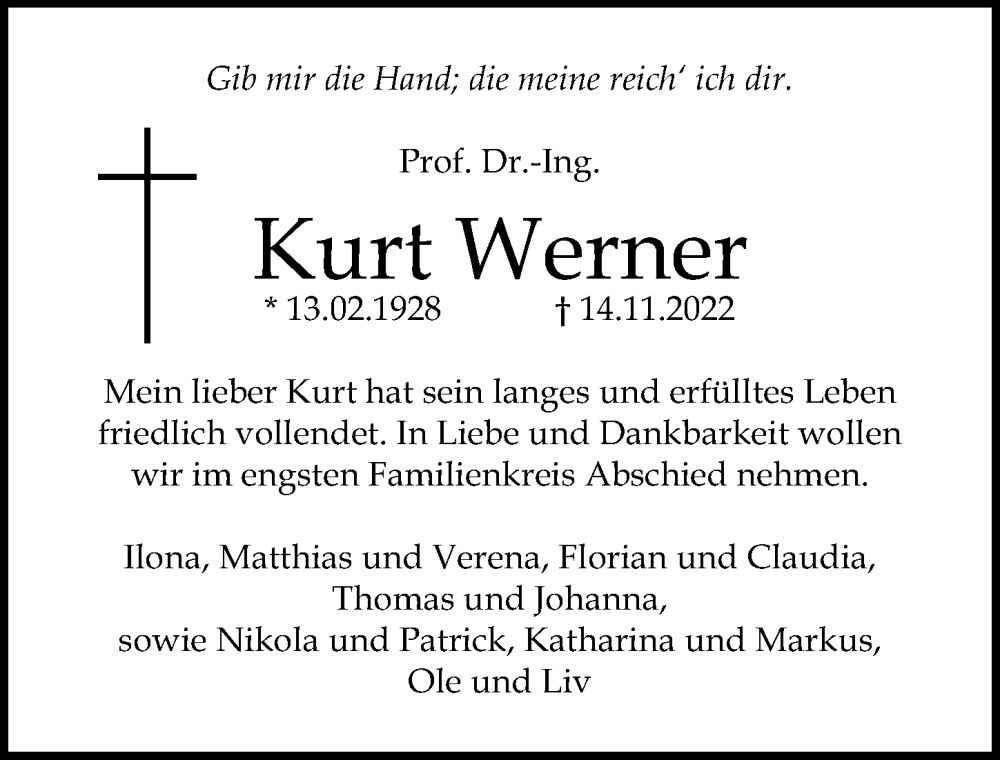  Traueranzeige für Kurt Werner vom 27.11.2022 aus Lübecker Nachrichten
