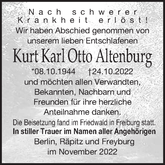 Traueranzeige von Kurt Karl Otto  Altenburg von Leipziger Volkszeitung