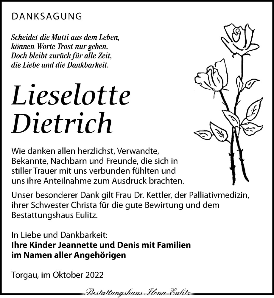  Traueranzeige für Lieselotte Dietrich vom 19.11.2022 aus Torgauer Zeitung