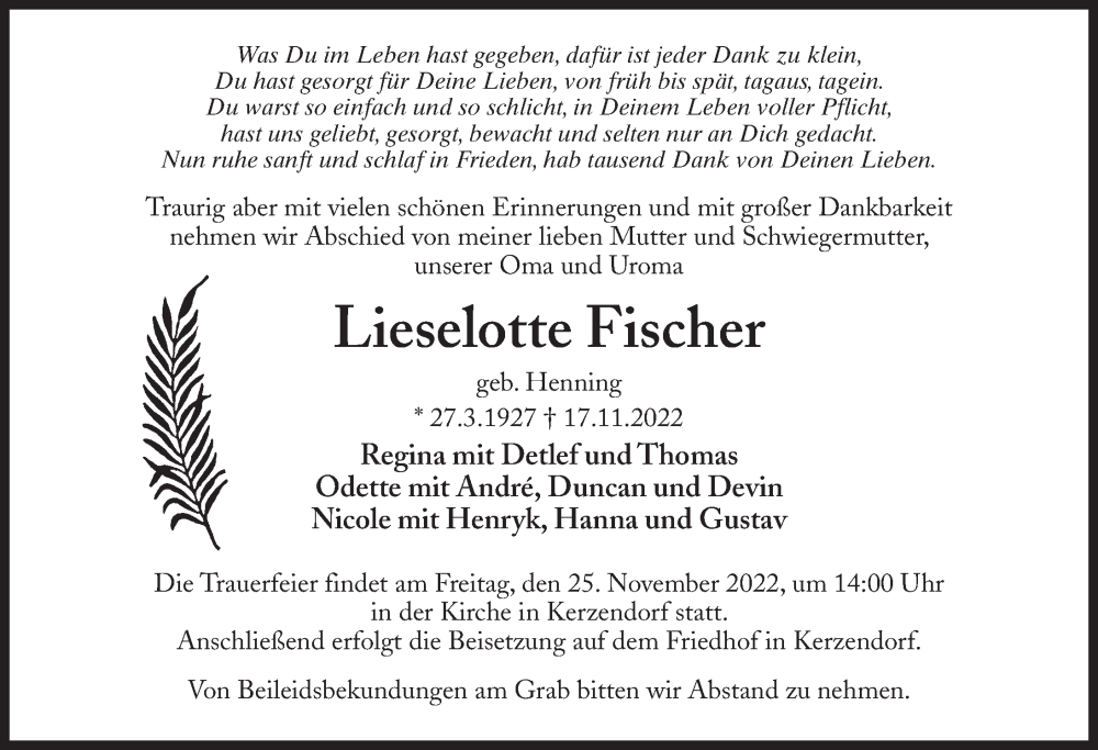  Traueranzeige für Lieselotte Fischer vom 19.11.2022 aus Märkischen Allgemeine Zeitung