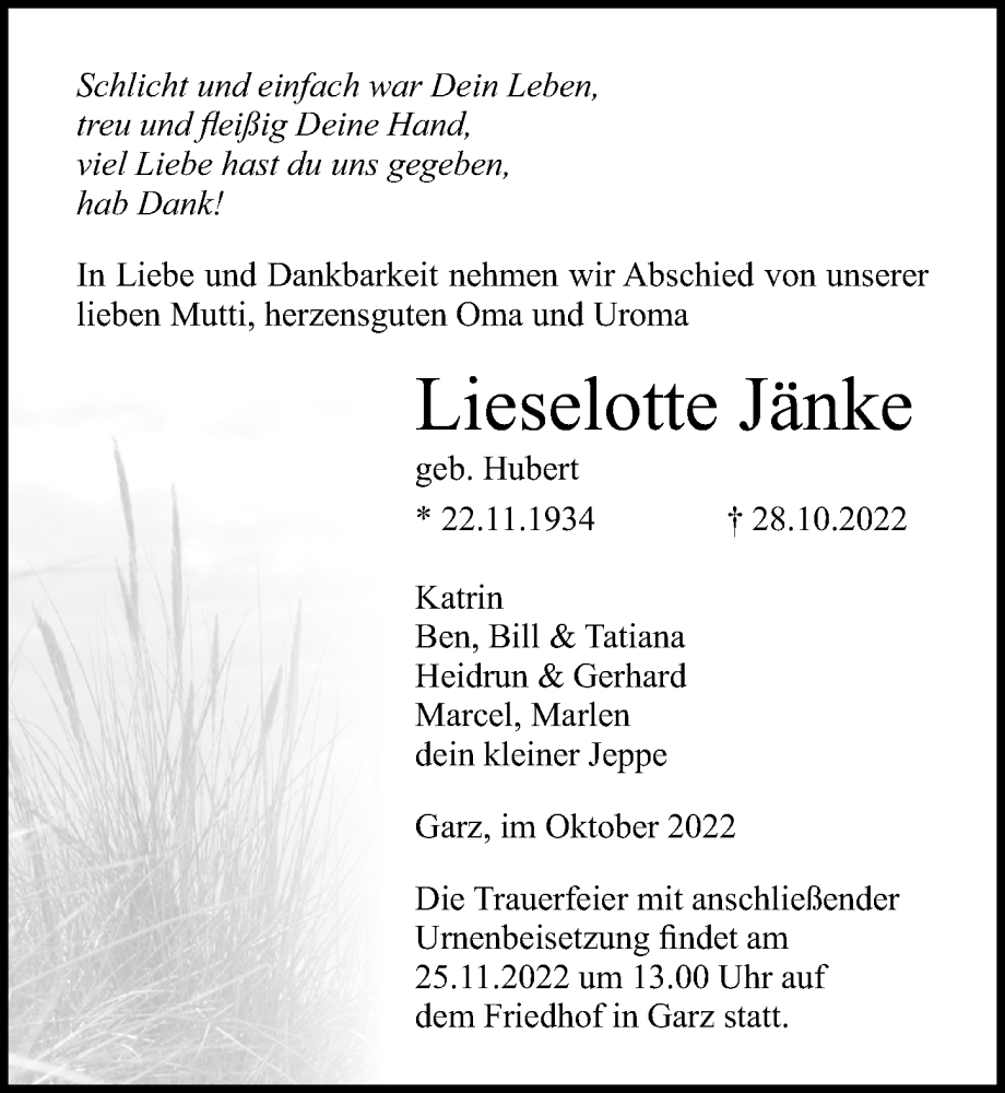  Traueranzeige für Lieselotte Jänke vom 12.11.2022 aus Ostsee-Zeitung GmbH