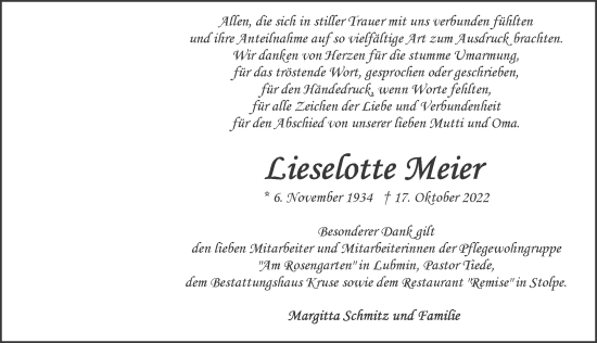 Traueranzeige von Lieselotte Meier von Ostsee-Zeitung GmbH