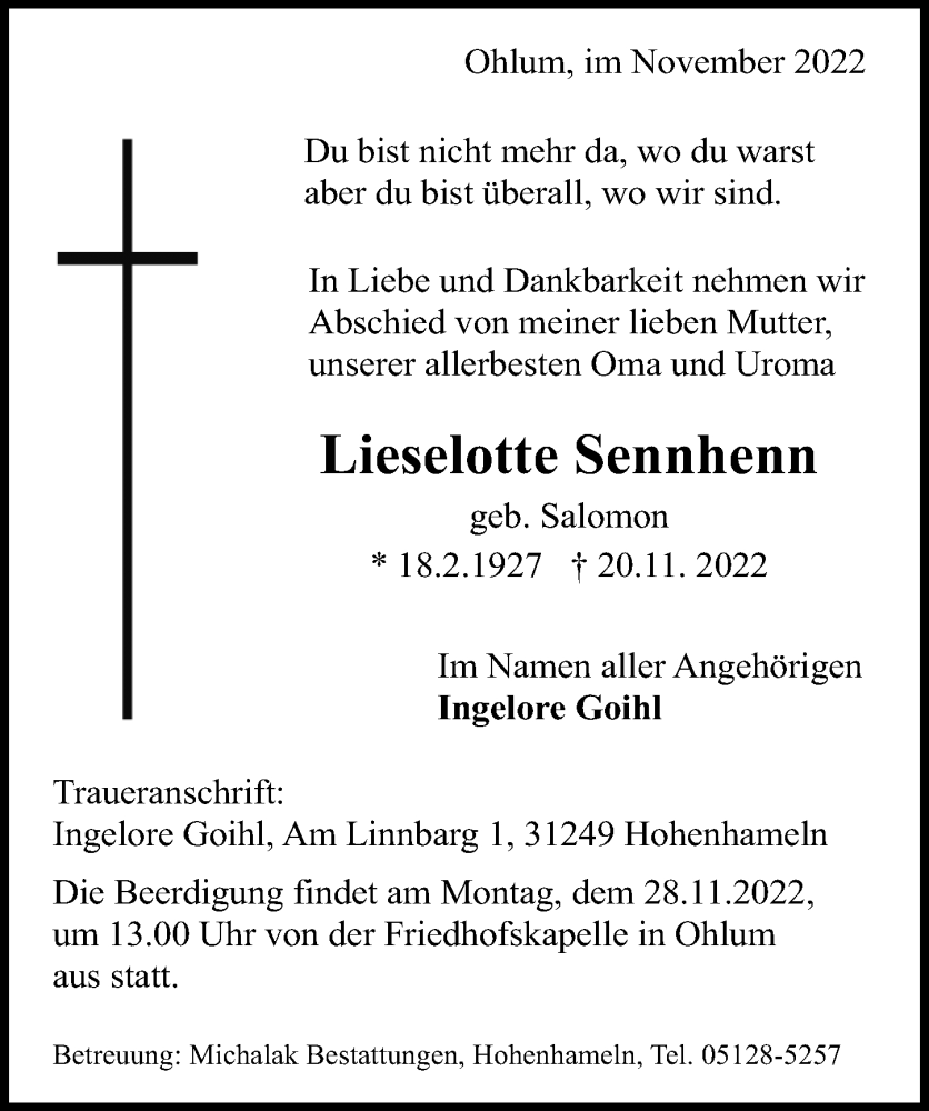  Traueranzeige für Lieselotte Sennhenn vom 23.11.2022 aus Peiner Allgemeine Zeitung