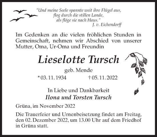 Traueranzeige von Lieselotte Tursch von Märkischen Allgemeine Zeitung