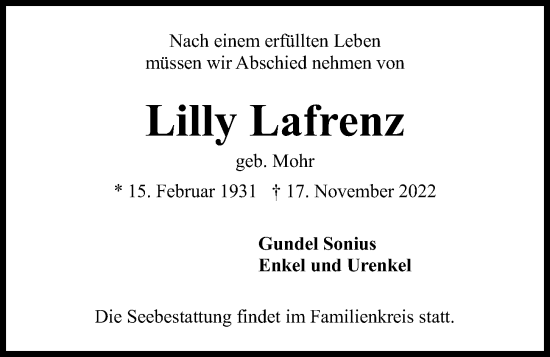 Traueranzeige von Lilly Lafrenz von Kieler Nachrichten