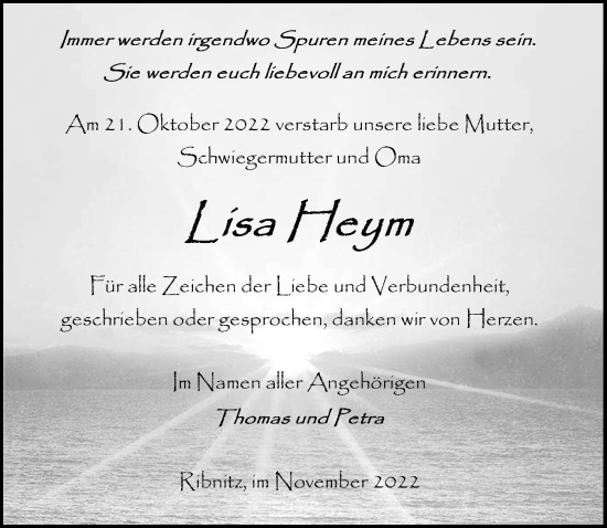 Traueranzeige von Lisa Heym von Ostsee-Zeitung GmbH