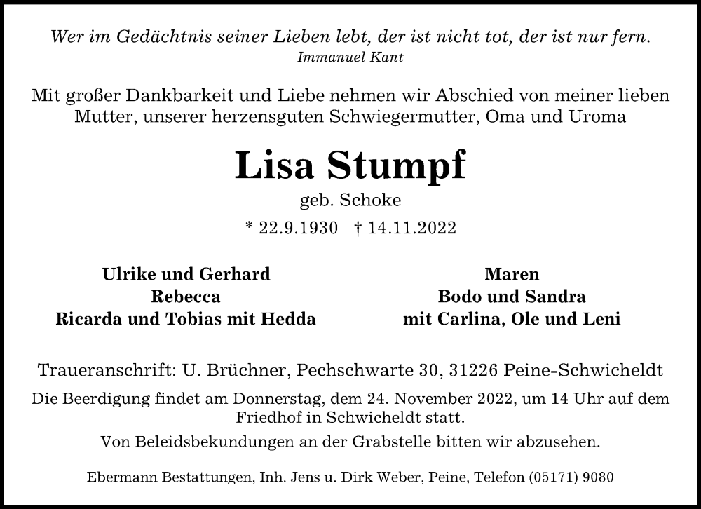  Traueranzeige für Lisa Stumpf vom 19.11.2022 aus Peiner Allgemeine Zeitung
