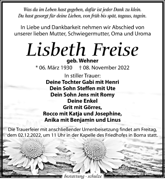 Traueranzeige von Lisbeth Freise von Leipziger Volkszeitung