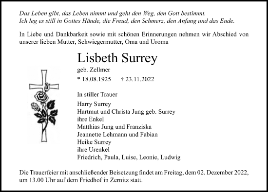 Traueranzeige von Lisbeth Surrey von Märkischen Allgemeine Zeitung