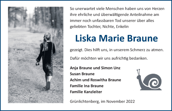 Traueranzeige von Liska Marie Braune von Leipziger Volkszeitung