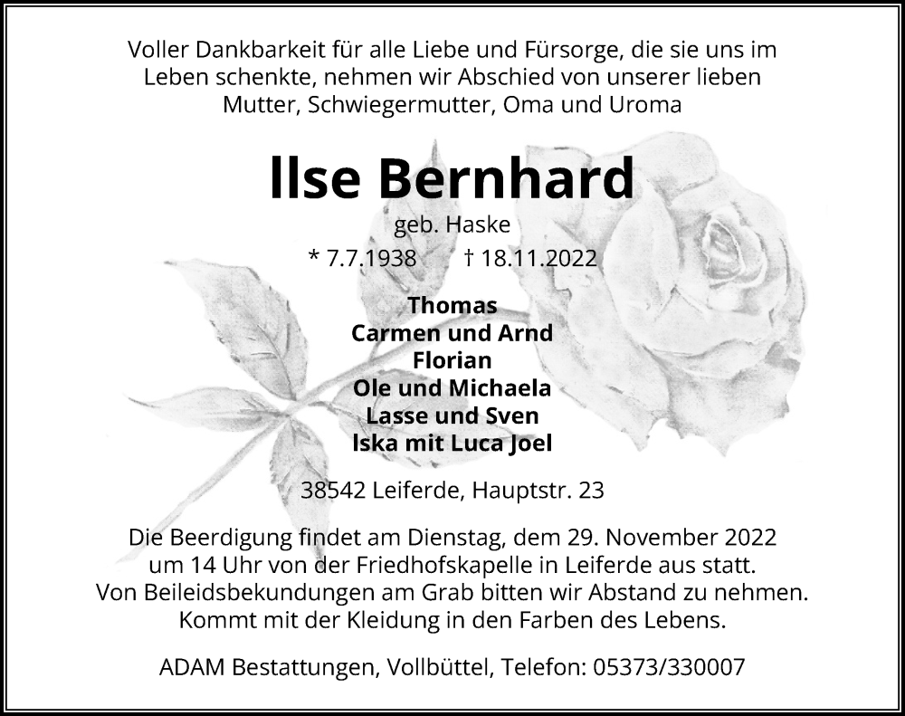  Traueranzeige für llse Bernhard vom 23.11.2022 aus Aller Zeitung
