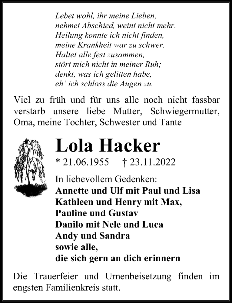  Traueranzeige für Lola Hacker vom 26.11.2022 aus Ostsee-Zeitung GmbH
