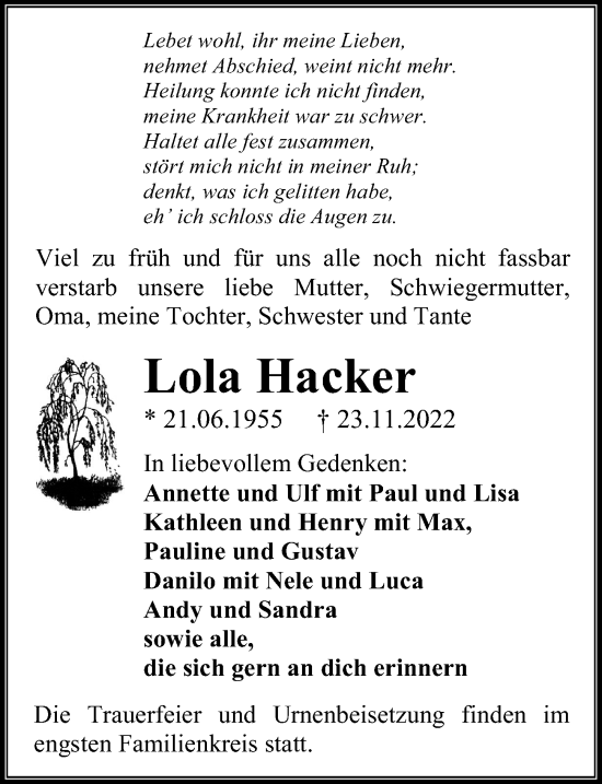 Traueranzeige von Lola Hacker von Ostsee-Zeitung GmbH