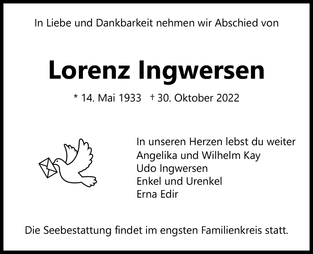  Traueranzeige für Lorenz Ingwersen vom 12.11.2022 aus Kieler Nachrichten