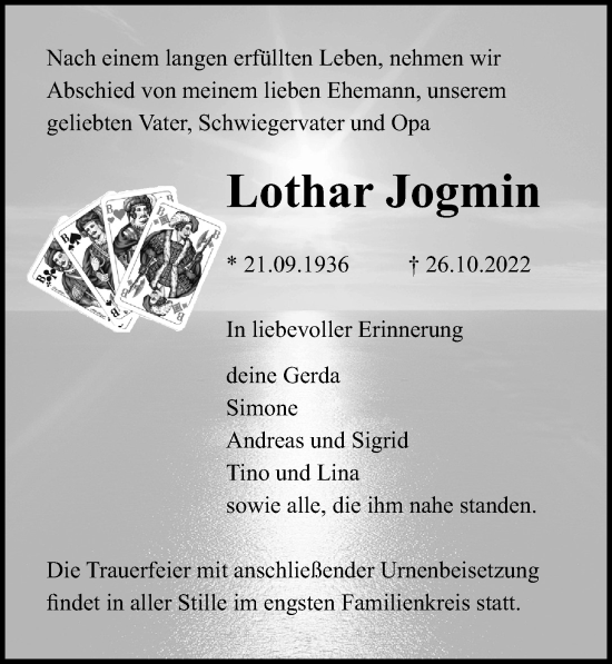 Traueranzeige von Lothar Jogmin von Ostsee-Zeitung GmbH