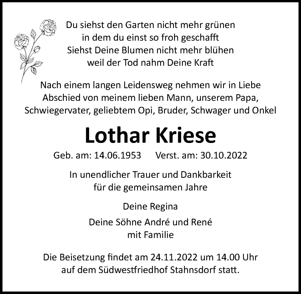  Traueranzeige für Lothar Kriese vom 12.11.2022 aus Märkischen Allgemeine Zeitung