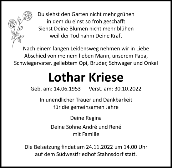 Traueranzeige von Lothar Kriese von Märkischen Allgemeine Zeitung