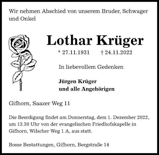 Traueranzeige von Lothar Krüger von Aller Zeitung
