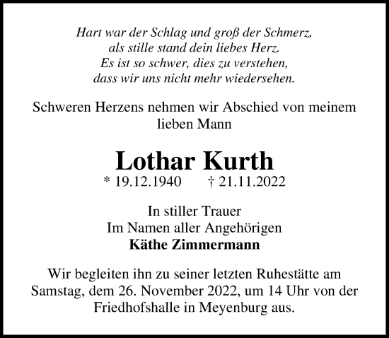 Traueranzeige von Lothar Kurth von Märkischen Allgemeine Zeitung