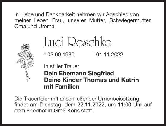 Traueranzeige von Luci Reschke von Märkischen Allgemeine Zeitung