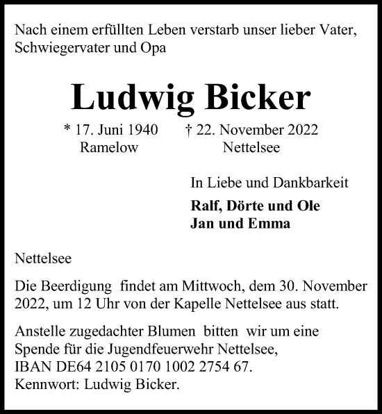 Traueranzeige von Ludwig Bicker von Kieler Nachrichten