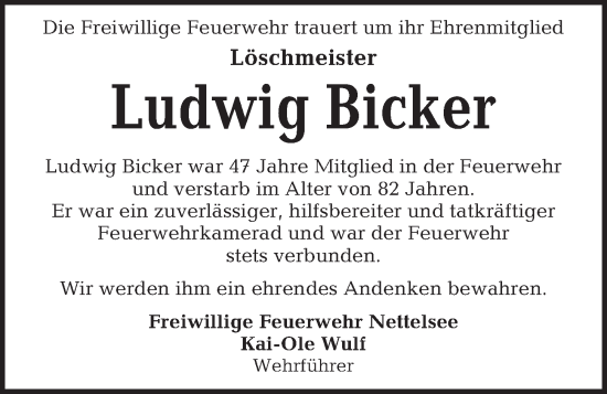 Traueranzeige von Ludwig Bicker von Kieler Nachrichten