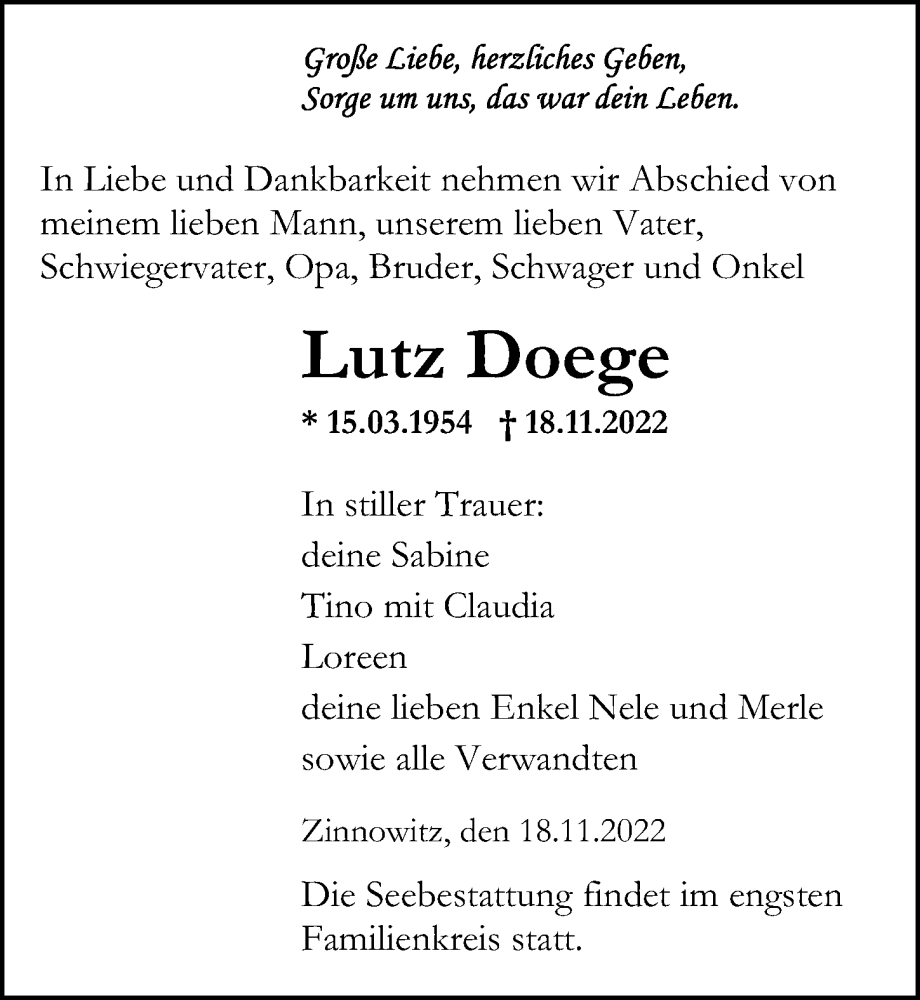  Traueranzeige für Lutz Doege vom 26.11.2022 aus Ostsee-Zeitung GmbH