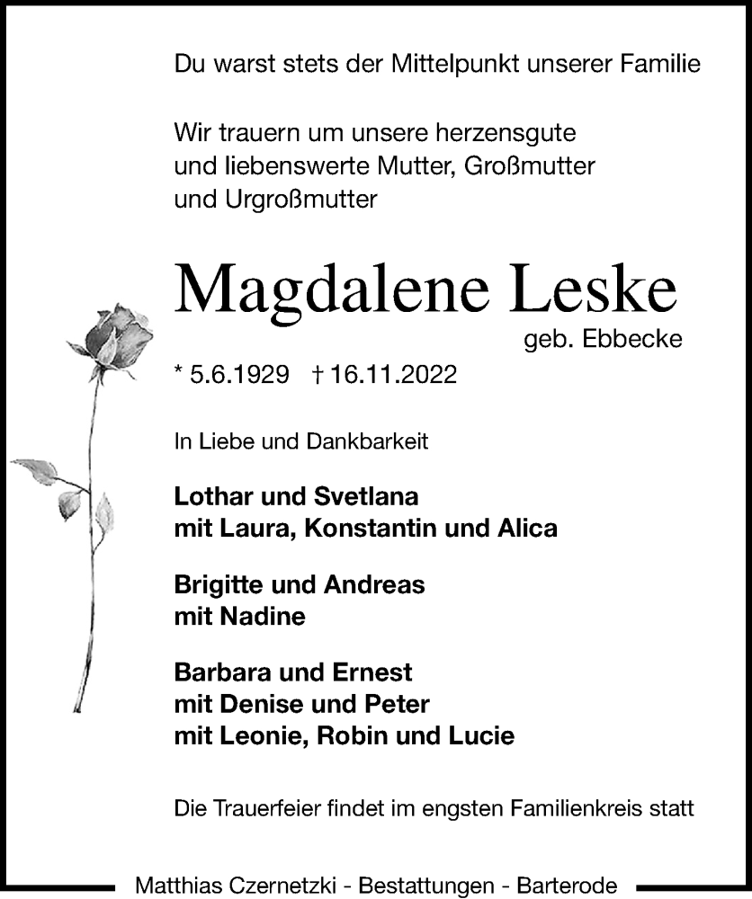  Traueranzeige für Magdalene Leske vom 19.11.2022 aus Göttinger Tageblatt