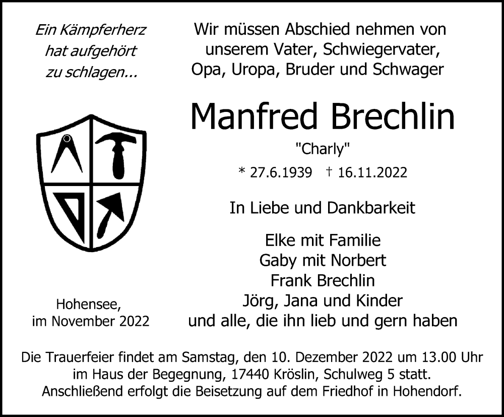  Traueranzeige für Manfred Brechlin vom 19.11.2022 aus Ostsee-Zeitung GmbH