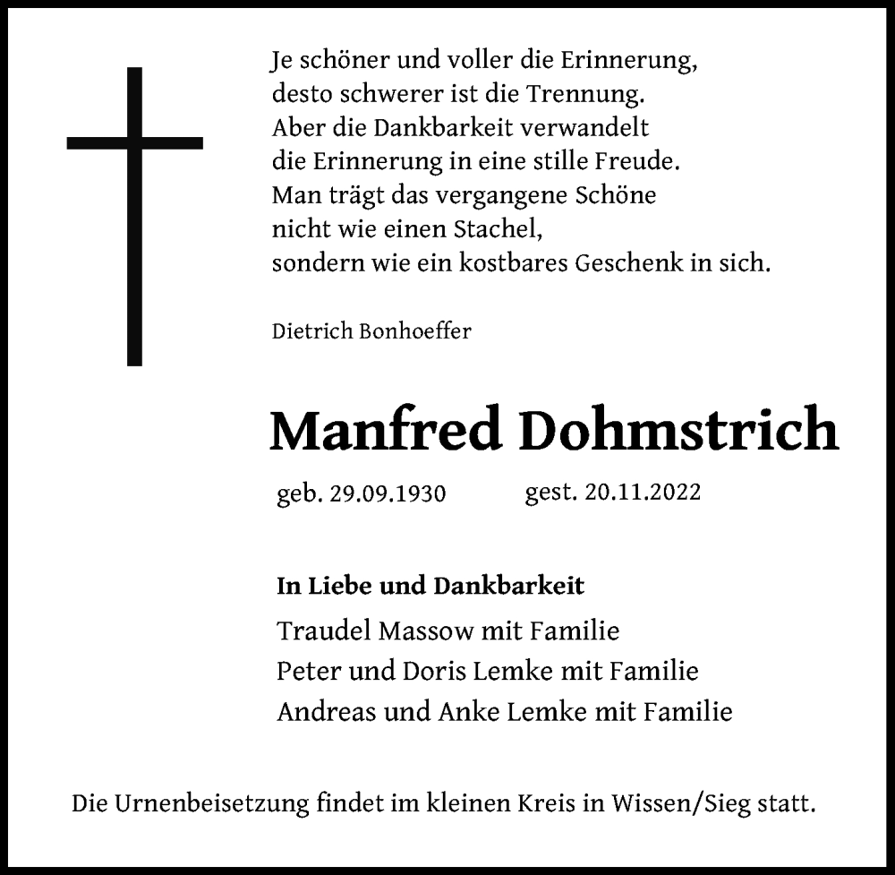  Traueranzeige für Manfred Dohmstrich vom 26.11.2022 aus Märkischen Allgemeine Zeitung