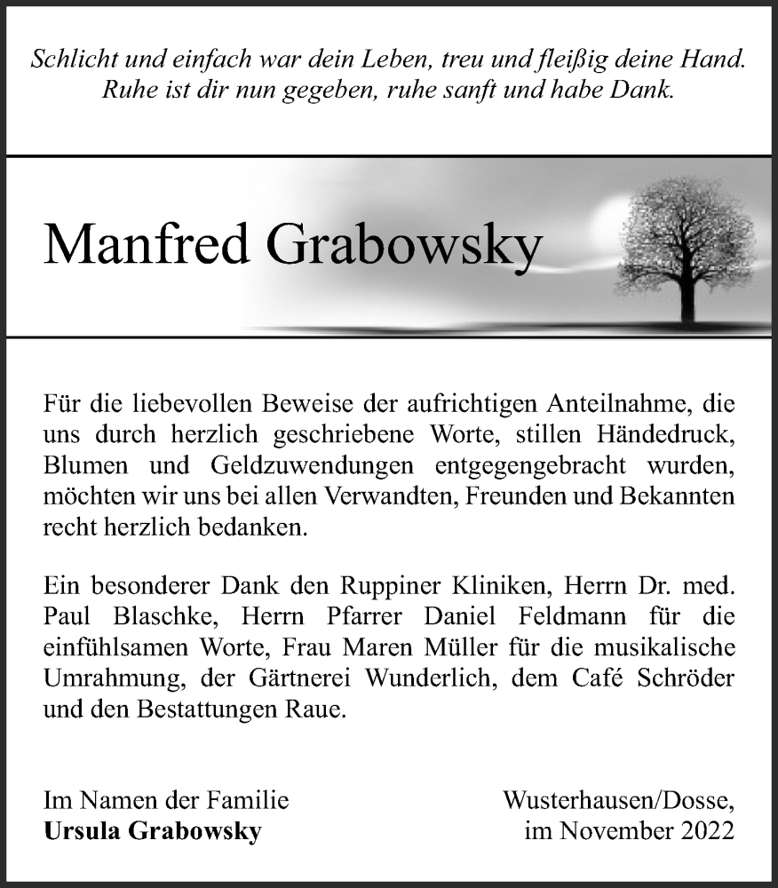  Traueranzeige für Manfred Grabowsky vom 05.11.2022 aus Märkischen Allgemeine Zeitung